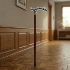 Classic Wooden Walking Cane With Silver Carved Handle Handmade Home Decor Artisan Crafted Stick - Product Image 1