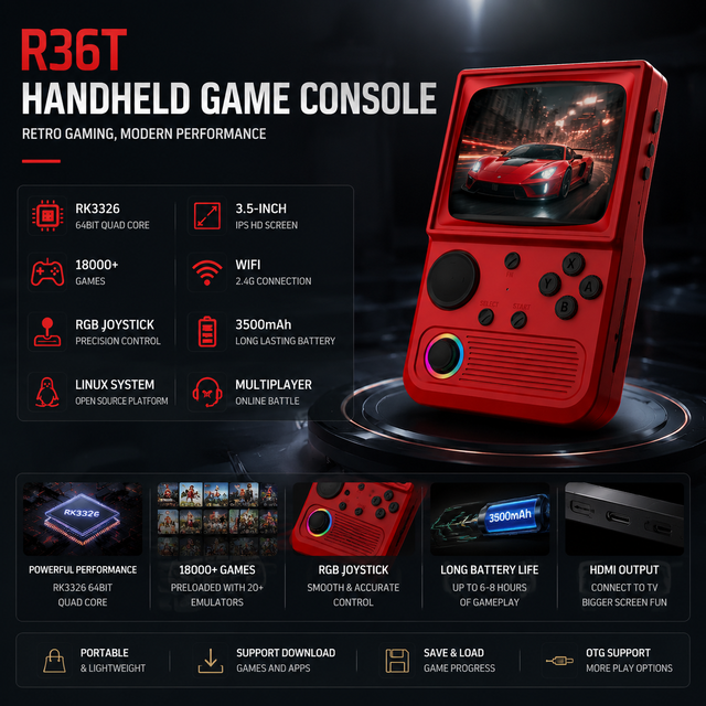 R36T Wireless Game Console 3.5 Inch IPS Screen Linux RK3326 64GB 18000+ Games WiFi Online Battle RGB Joystick Arcade Family Gift