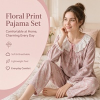 Ensemble pyjama 2 pièces pour femmes Y2635A2049, pantalon long à motif floral teinté en fil, col rond, manches longues