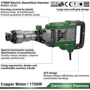 <span class=keywords><strong>Martillo</strong></span> <span class=keywords><strong>Demoledor</strong></span> Eléctrico con Cable OEM Profesional de <span class=keywords><strong>1700W</strong></span>, 60J, de Alta Resistencia, con Punta Hexagonal de 30mm, Herramienta Eléctrica para Romper Concreto - Product Image 2