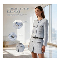 Ensemble tailleur femme 2 pièces en tweed avec veste courte à un bouton et strass, et mini-jupe ceinturée, pour le bureau ou les affaires, blazer à manches longues