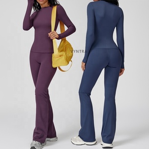 Tenues d'entraînement pour femmes 4 pièces à manches longues Fitness Gym Yoga Activewear T-shirt Leggings Flare Pants Stretchy Sports Tee Apparel Set - Product Image 4
