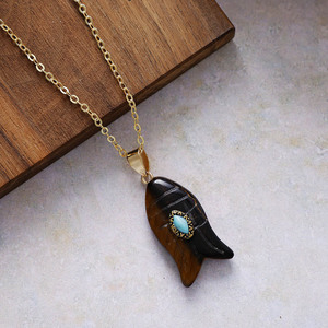 Collier pendentif en forme de poisson, améthyste, œil de tigre, quartz rose, plaqué or 18 carats, serti clos, bijoux en alliage de zinc, cadeau - Product Image 3