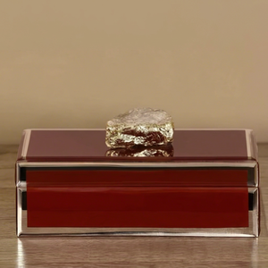 Burgundy Glass Jewelry Storage <b>Box</b> with Gold Finish Natural Stone Knob Glossy Finish Decorative Keepsake and <b>Vanity</b> Organizer - Product Image 1