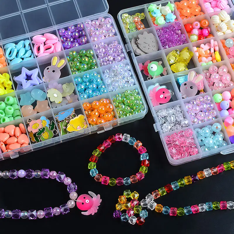 Set manik-manik bulat warna-warni Diy 24 baris, manik-manik kristal kalung manik-manik akrilik untuk membuat perhiasan mainan anak-anak