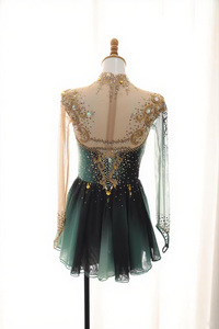 Gradient Green <strong>Ice</strong> <strong>Skating</strong> <strong>Dress</strong> for Women Golden Embroidery Mesh Rhinestone Decorated Elegant Performance Competition Outfit - Product Image 2