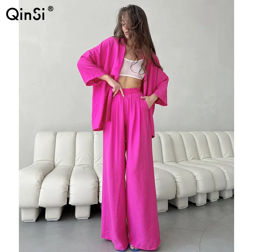 QINSI Feminino Casual Calça Ternos 2023 Outono Pijamas Três Quartos de Manga Sleepwear Pijama das Mulheres Soltas para As Mulheres Set