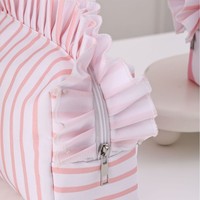 JOYSUN Trousse de maquillage rose à rayures avec volants, trousse de toilette portable grande capacité pour femmes et filles