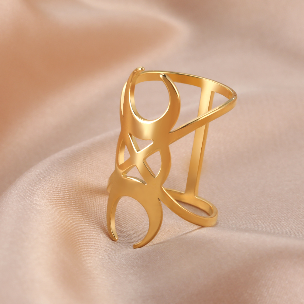 不锈钢空心双新月环个性时尚女环收缩几何新月环