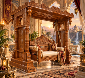 Balançoire Mandap Jhula en bois artisanale, traditionnelle indienne, suspendue, avec un design sculpté complexe, mobilier d'extérieur, pour 3 personnes, en tissu - Product Image 6