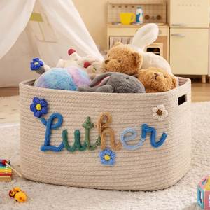 Custom Name Cotton-Linen Blend Rope Storage Basket Foldable Hand Woven Rectangular Organizer <b>Bin</b> Minimalist Wardrobe Living Room - Product Image 2