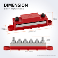 Montage en surface 12 VDC 400A Batterie Barre omnibus en cuivre 6 voies 5/16 "Post(M8) Connecteur Bloc de distribution d'alimentation avec couvercle et écrous