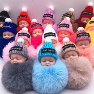 Cute 8CM Sleeping Baby Doll Keychain Pompom Rabbit Fur Ball <b>Key</b> <b>Chain</b> Fluffy Car Keyring Bag Charm Gift Plush Fur Keychain - Product Image 1