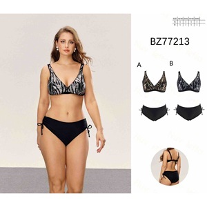 Costume da bagno bikini HDJ nero con stampa zebrata, taglie forti da donna, controllo pancia, slip con laccetti laterali, scollo a V profondo, set 2 pezzi - Product Image 1