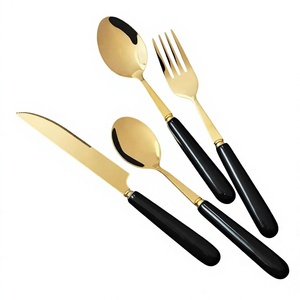Ensemble de couverts de luxe en métal doré avec poignées noires, passe au lave-vaisselle, pour mariage, dîner, table à manger, cuisine - Product Image 1