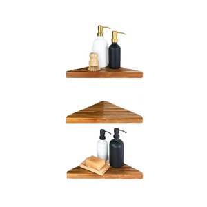 Estante de ducha esquinero de 3 niveles de madera de acacia, estante esquinero triangular, estante de baño de madera, estante esquinero para ducha en pared azulejada - Product Image 5