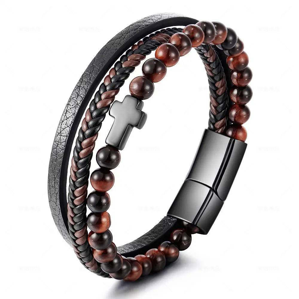 Bracelets en cuir véritable pour hommes, boucle en acier inoxydable, croix multicouche tressée, œil de tigre, perles de pierre, bracelet masculin, bijoux