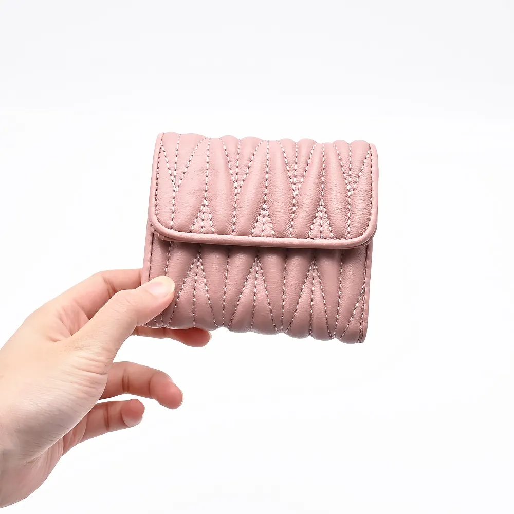 Custom Unique Cute Ladies Girls Rfid Short Clip Coin Purse Pink Real Genuine Leather Card Holder Small Mini Women Wallet