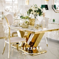 Table à manger de luxe en or avec plateau en marbre blanc, mobilier OEM pour hôtel, restaurant, banquets, salon, en métal