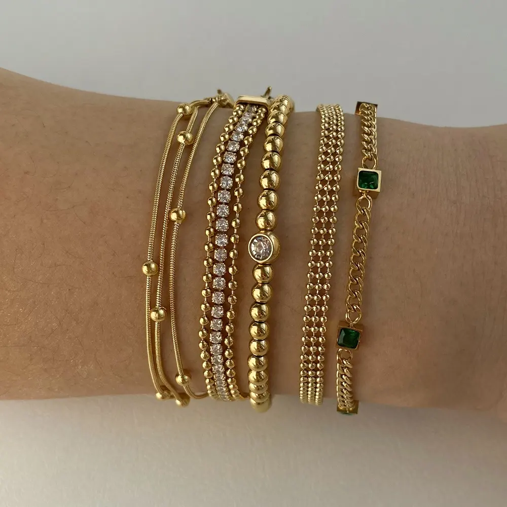 Minimalist Waterproof Jewelry 16K Gold Plated Three Layers Bracelets Bead Charm Chain Bracelet Set For Women