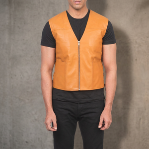 Tan Brown <b>Leather</b> <b>Men's</b> <b>Vest</b> with V-Neck Collar Breathable Quick Dry Casual Outerwear for Winter OEM Service Available - Product Image 3