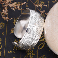 Tibetan Silver Open Cuff Armband Armreif Geschnitzte Spiral fisch blume Verbindungs zweige Muster Breitband Mode Manschette Armbänder