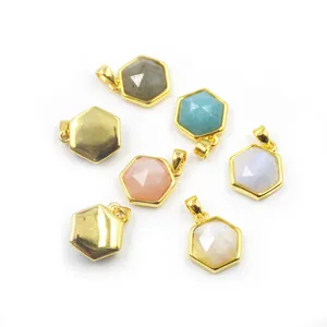 natural crystal quartz gold bezel charms green malachite sea shell sunstone pyrite Pendants Faceted Necklace Jewelry cheap price