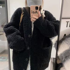 Black Plush V Neck <b>Cardigan</b> Mid Length Knitted Fleece Lined Women's Winter Wear With Pocket Solid Color Simple Style - Product Image 1