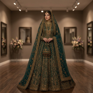 Lehenga Choli de mariée en soie verte, manches longues, longueur ras du sol, traîne détachable, style vintage, silhouette trapèze, broderie Resham - Product Image 2
