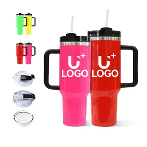 Neon 40oz Tumbler Color Large Capacity Coffee Mugs 30 Oz Stainless Steel Tumbler Cup With Straw Lid And Handle