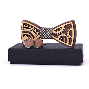 Nœud <span class=keywords><strong>papillon</strong></span> vintage pour homme en <span class=keywords><strong>bois</strong></span> <span class=keywords><strong>sculpté</strong></span> ajouré, rétro, en polyester, couleur unie, haute qualité, avec ensemble de boutons de manchette - Product Image 1