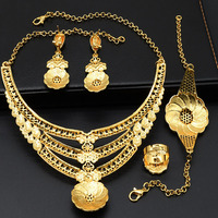 Collar, Pulsera, Aretes y Anillos de Alta Calidad Chapados en Oro de 24K de Dubái, Joyería de Moda Nupcial Árabe para Mujer