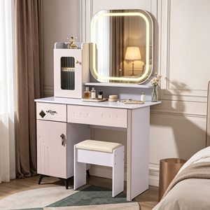 Modern <b>Makeup</b> <b>Vanity</b> With Lighted <b>Mirror</b> Storage Drawers Bedroom Dressing Table With Stool - Product Image 1