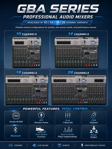 Mezclador de Sonido Profesional GBA-26, Consola de Mezcla de Audio |   26 Canales |   Ecualizador de 7 bandas |   99 Efectos DSP |   USB/MP3/BT 5.0 |   Fuente de alimentación Phantom - Product Image 3