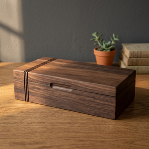Boîte à bijoux en bois gravée moderne, rectangulaire, en bois foncé, avec couvercle, pour rangement et présentation - Product Image 3
