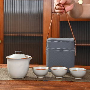 Ru Kiln Travel Tea <b>Set</b> Ceramic <b>Teapot</b> With 3 Cups Portable Storage Bag Outdoor Gift - Product Image 2