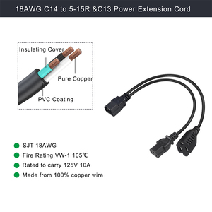 KUNCAN 0,3m SJT IEC C14 zu C13 + NEMA 5-15R 10A IP11 AC-Stromkabel mit US-Stecker für <span class=keywords><strong>Computer</strong></span> 1 Steckdose - Product Image 2