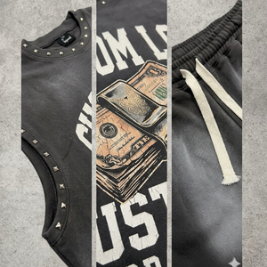 定制印花T恤 高街服饰 男士夏季套装 水钻仿旧酸洗T恤和短裤套装 DTG 男士短裤套装 - Product Image 2