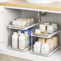 Transparante PET 2/3-laags onderkast organizers, stapelbaar uittrekbaar opbergrek met verplaatsbare scheidingswanden voor keuken, badkamer en voorraadkast