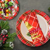 Gatherfun Fournitures de fête de Noël haut de gamme, assiettes en papier jetables à carreaux rouges pour arbre de Noël, décorations de fête pour desserts