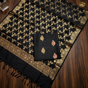 Ensemble trois pièces en soie Katan de qualité supérieure, non cousu, avec détails tissés Zari Meena, idéal pour les occasions traditionnelles, les fêtes et les mariages. - Product Image 2