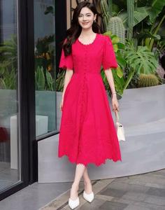 XXL femmes robe 2025 printemps été vêtements luxueux dame broderie boutons <span class=keywords><strong>déco</strong></span> manches courtes mi-mollet Rose jaune robe <span class=keywords><strong>plage</strong></span> - Product Image 4