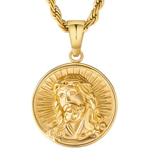 Kalung kompas berlapis emas asli 18K kalung hewan singa es kalung liontin koin kuno malaikat perhiasan baja tahan karat