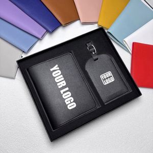 Custom logo Travel Airplane Ticket <b>Holder</b> <b>Document</b> Bag Luggage Safety Hook PU Leather Passport <b>Holder</b> Luggage Tag Set Gift Box - Product Image 1