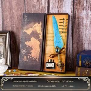 Juego de Plumas de Tinta de Inmersión con Logotipo Personalizado, Diseño Retro de Pluma de Pavo Real Azul, con Caja de Regalo con Gema de Llama, Regalo de Cumpleaños - Product Image 5