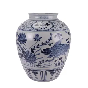 RZSX80-A lignes de poisson en porcelaine bleue et blanche et motifs Pot en céramique Vase à fleurs en porcelaine
