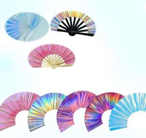 Hot Sale Clack Rave Folding Hand <b>Fan</b> Folk Art Iridescent Holographic Fabric 33cm PVC Hand <b>Fan</b> - Product Image 5