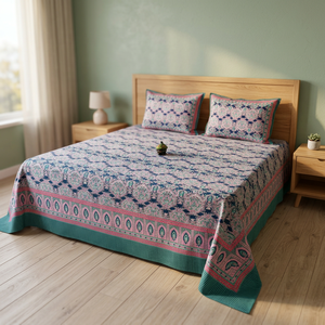 Parure de lit en coton élégante, drap imprimé délavé avec taies d'oreiller, motif vert traditionnel, pour usage domestique - Product Image 3