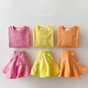2022 popular design in stock kids girls 2 piece solid sweat suit Candy color cotton long sleeve pullover hoodie Elastic waist fl