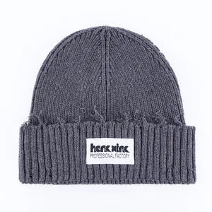 Hengxing dark grey woven label custom distressed plain knitted beanie hat skull cap knit hat with logo